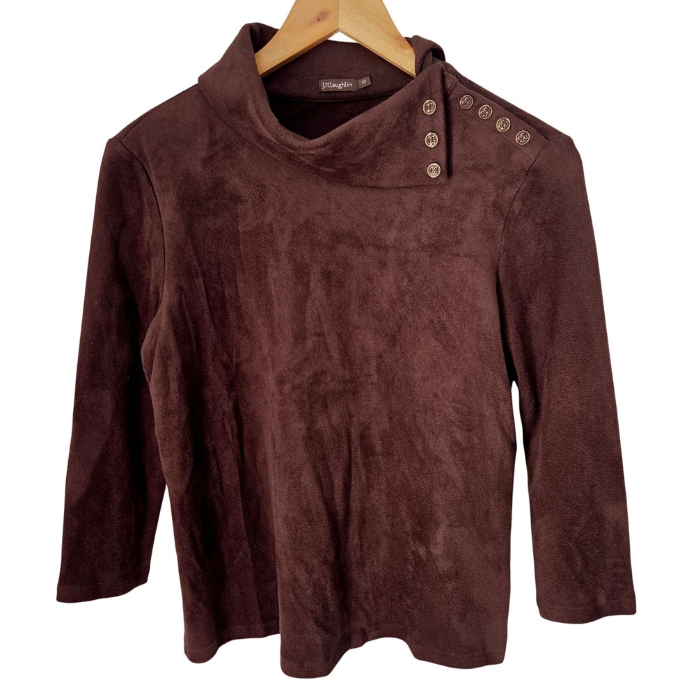 J.McLaughlin Womens XS Faux Suede Mock Neck Button Shoulder Top Brown